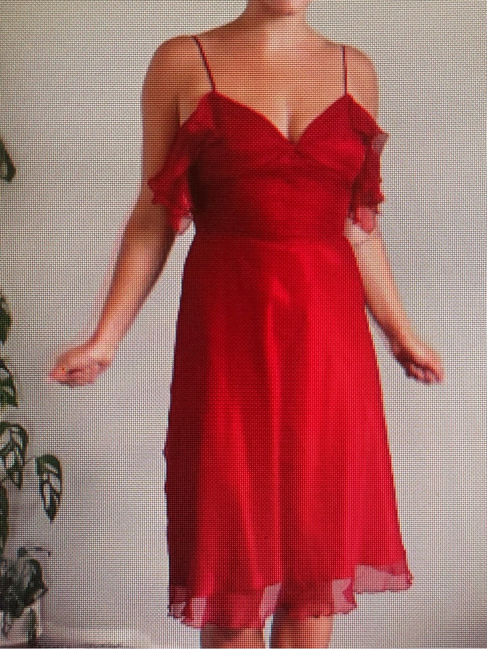 Red Spaghetti-Strap Midi Dress with Ruffle Sleeves